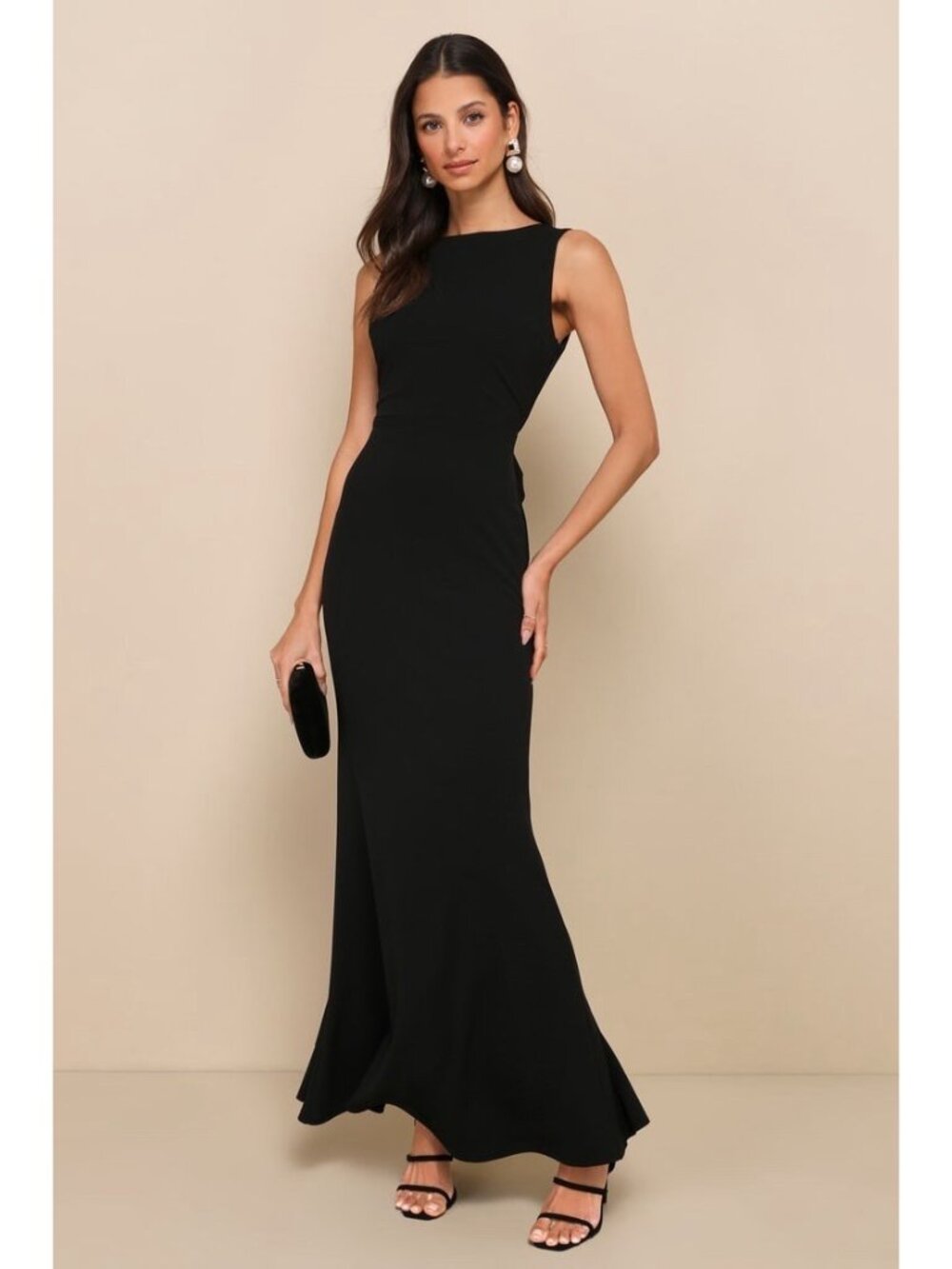 Lulus Exquiste Refinement Maxi Dress Sz Large Black Low Back Bow Mermaid Gown - Picture 3 of 9